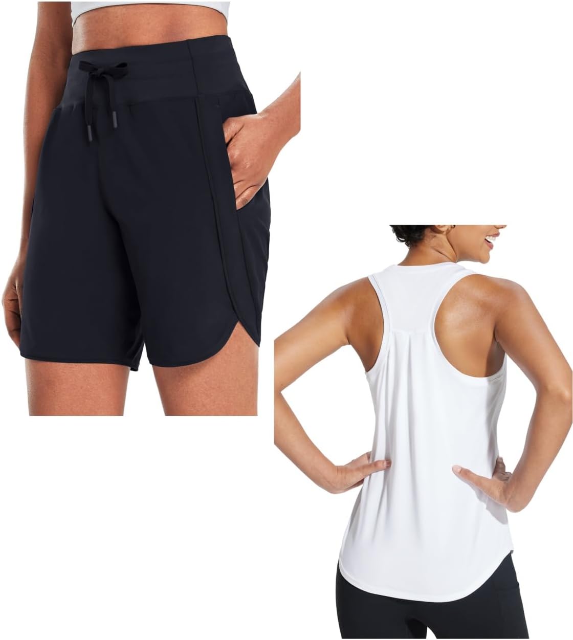 baleaf Women's 7" Long Running Shorts & Racerback Workout Tank Top Black&White 2XL