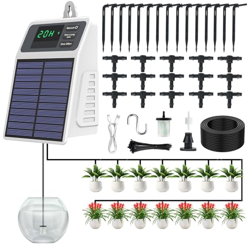 Integriertes Solar Bewässerungssystem Neueste 2026 Automatische bewässerung zimmerpflanzen für Garten Balkon hochbeet Gewächshaus Bewässerung solar Mit 15 Tropfer+10m Tropfschlauch 30 Timer-Modi