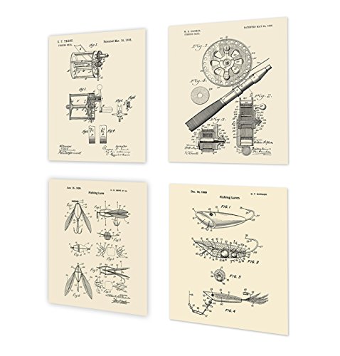 Fishing Patent Prints Reel Lure Patents Art Prints Set of 4 Unframed Art Prints Cream Beige Art Prints Fishing Wall Decor