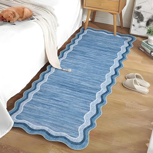 GarveeHome Washable Runner Rug 2x6 Kitchen Hallway Scalloped Rugs Non Skid Stain-Resistant Washable Modern Solid Soft Scalloped Entryway Carpet Runner for Bathroom Laundry Room Bedside(Blue,2x6)