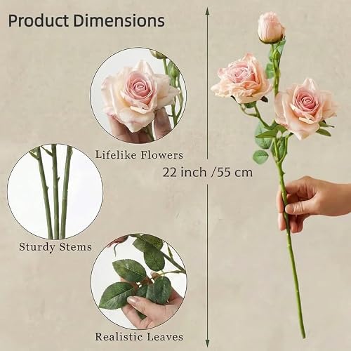 Joiverie 5Pcs Artificial Roses Flowers for Vase -22",Bulk Vintage Faux Silk Burnt Edge Rose Long Stems for DIY Bouquets Wedding Centerpieces Home Decor (No Vase) — view 5