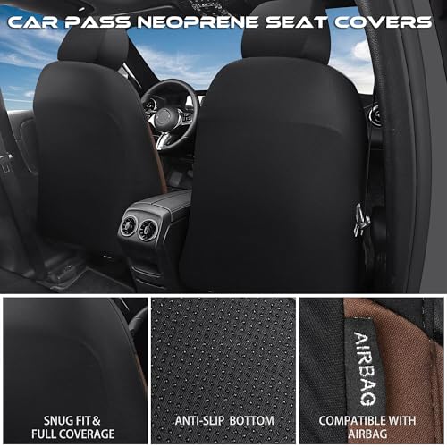Image of CAR PASS Waterproof Black Brown Car Seat Covers Front Seat Covers Neoprene Wetsuit,All-Weather Non-Slip Durable,Universal Fit for SUV Sedans Trucks Automotive,Airbag Compatible,3D Emboss Black Brown
