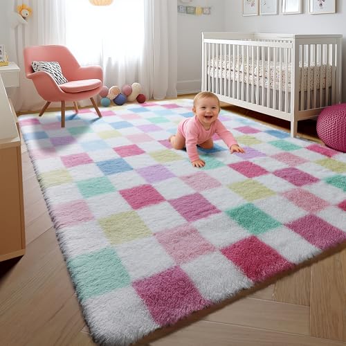 Image of KICMOR Pink Rainbow Area Rugs for Bedroom Living Room, 4x6 Fluffy Soft Colorful Checkered Rug Cute Fuzzy Shag Shaggy Bedside Plush Carpet for Kids Boys Girls Teen Dorm Nursery Home Decor Aesthetic