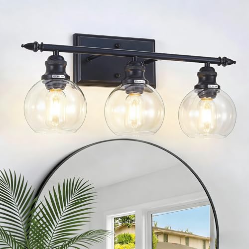 Image of 3-Light Bathroom Light Fixtures Matte Black Vanity Light Over Mirror Modern Vanity Lighting with Clear Glass Globe Vintage Wall Sconce for Kitchen Living Room Hallway Bedroom