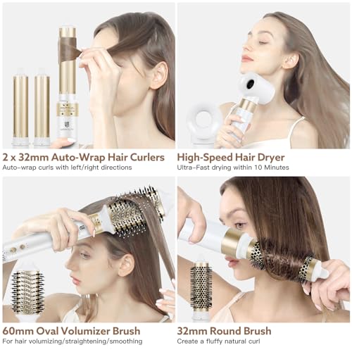 Image of Hair Dryer Hot Air Styler: High-Speed Blow Dryers with Negative Ionic for Fast Drying Frizz Control, Extra Long Barrel 1 1 /4 Inch Curling Iron Airflow Auto Wrap Curler for Quick Styling (White)
