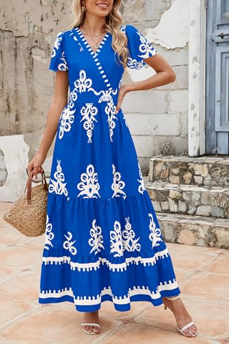 Image of PRETTYGARDEN Womens 2026 Summer Casual V Neck Boho Maxi Dress Flowy Aline Bell Sleeve Tiered Floral Dresses with Pocket