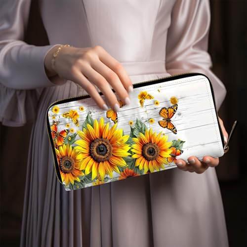 Wallet Women RFID Blocking PU Leather Multi Credit Card Large Capacity Zip Wallet, Ultra Slim Holder Bifold Clutch Coin Travel Purse with Wristlet Wallets for Women Men, Sunflower Butterfly3