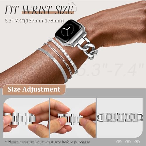 Image of JR.DM Silver Watch Bands and 3Pcs Bracelet Set for Women Compatible with Apple Watch 38mm 40mm 41mm 42mm(S10 /11) Adjustable Metal Dressy Single Chain Strap for iWatch Series 11 /10 /9 /8 /7 /6 /5 /4 /SE /3 /2 /1