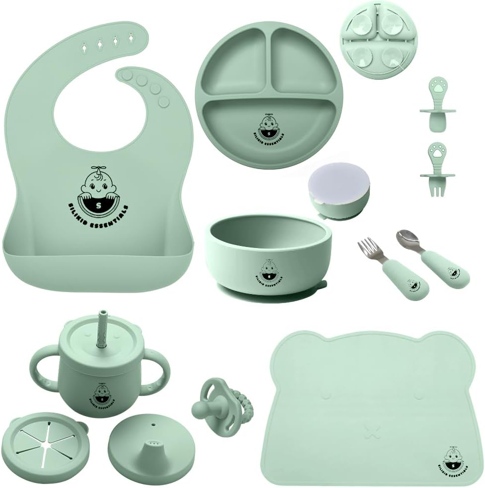 SiliKid Essential 15-Piece Silicone Baby Feeding Set – Complete Toddler Mealtime Kit with Suction Plate, Bowl, Bibs, Utensils, Cups & More – BPA-Free, Baby-Led Weaning Essentials SiliKid Essential 15-Piece Silicone Baby Feeding Set – Complete Toddler Mealtime Kit with Suction Plate, Bowl, Bibs, Utensils, Cups & More – BPA-Free, Baby-Led Weaning Essentials