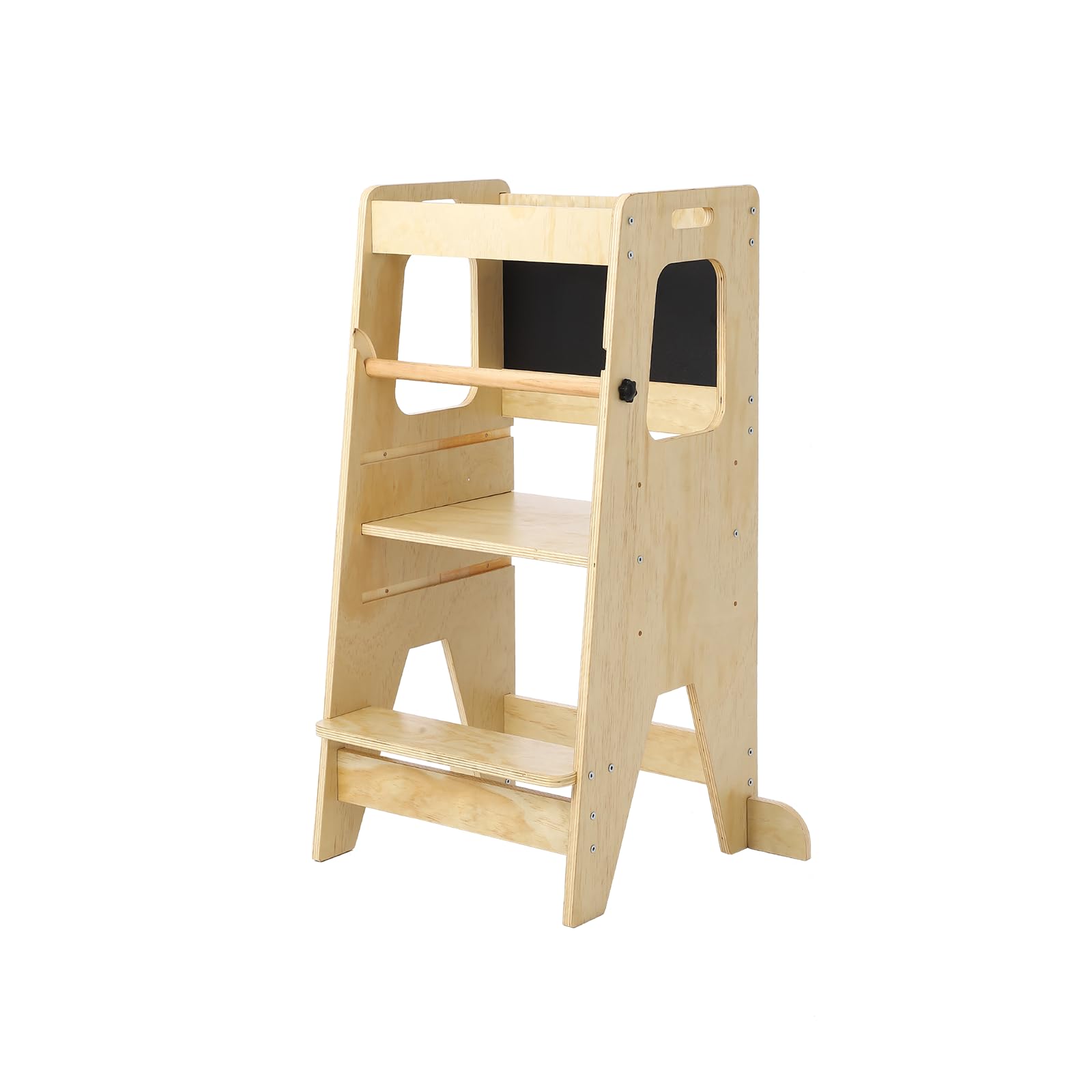 Height Adjustable Wooden Toddler Step Stool with Blackboard | Anti-Slip Kids Kitchen Stool Helper for Safe Learning | Natural