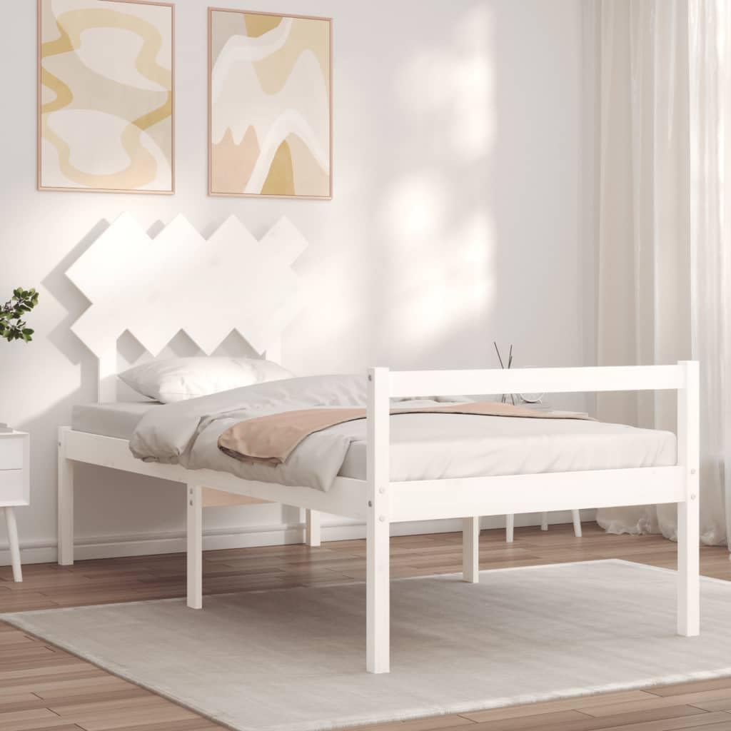 Seniorenbett Weiß 90x190 cm - Massivholz Kiefer Einzelbett mit Kopfteil, Komforthöhe 45 cm Seniorengerechtes Bettgestell Holz für Senioren & Erwachsene, Stabil Holzbetten Holzrahmen
