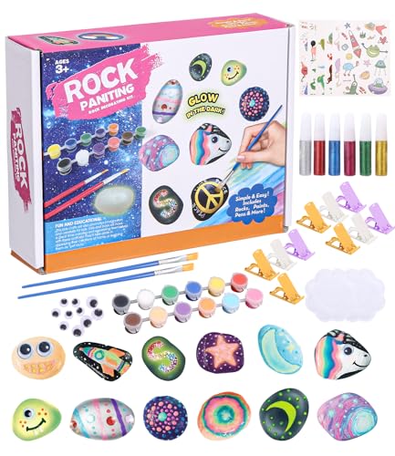 SOBEAU Juego de pintura de piedras que brillan en la oscuridad,Creativo Juego de pintura de piedras,Juego de manualidades para niños y adultos, regalos perfectos hechos a mano
