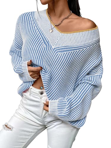 Image of Cakulo Womens Fall 2025 Oversized Striped V Neck Sweaters Long Sleeve Knit Color Block Sweater Top Blue XL