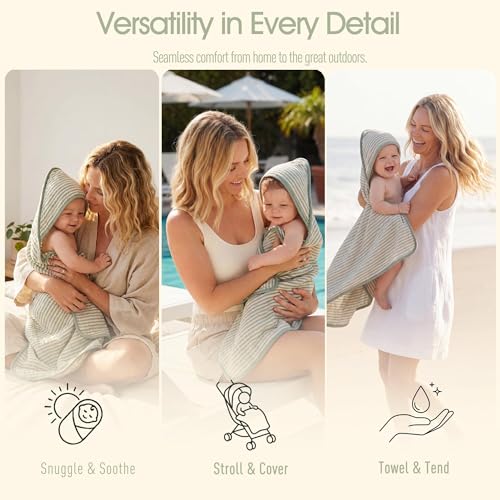 Image of Ultra-Soft Muslin Baby Towel - 32 x 32 Inches, Ideal for Bath & Beach, Suitable for Both Boys & Girls from Newborns to Toddlers (Sage Green Stripes)