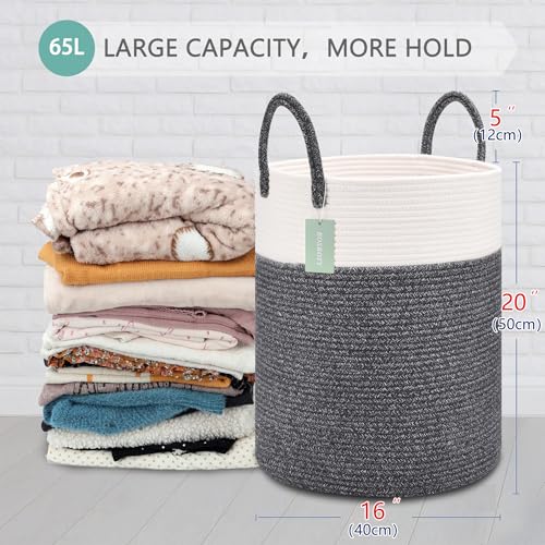 Image of Large Cotton Rope Laundry Hamper for Girls Boys 65L, White & Black
