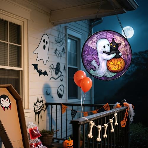 Image of Stained Glass Window Hanging - Halloween Decorations Ghost Black Cat Pumpkin Suncatcher for Door Garden Spooky Purple Sun Catchers Gothic Decor Horror Gifts for Women Men Friend Boy 6.3 in