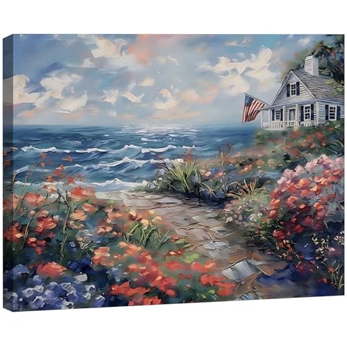 Image of Patriotic Coastal Landscape Framed Canvas Wall Art, Vintage American Flag Canvas Print, Perfect 4th of July Holiday Decor for Living Room, Bedroom, Office and Home Decoration, Made USA