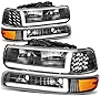 Auto Dynasty 4PCS LED DRL Headlights Assembly and Bumper Lamps Compatible with Chevy Silverado Suburban 1500 2500 3500 Tahoe 99-06, Driver and Passenger Side, Black Housing Amber Corner
