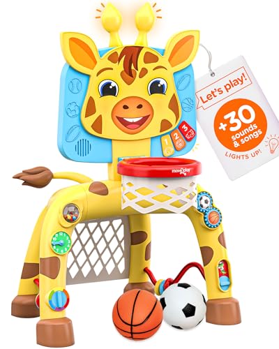 Image of Move2Play, Giraffe Basketball Hoop & Soccer Goal Activity Center | 30+ Sounds & Songs + 5 Lights | 1 2 3 Year Old Birthday Gift for Boys and Girls | Toy for Baby & Toddlers (Yellow)