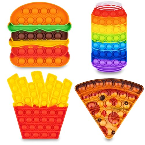 Pop Its Fidget Toys Pack 4 – Stress Relief Food Pop Its Poppers Fidget Poppet Toy – Autism Learning French Fry Pizza Hamburger Popits Push Pop Bubble Popping Sensory Toy for Kids