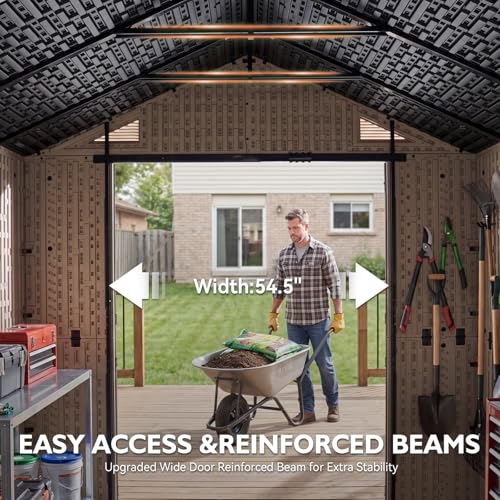 Image of LazySunsets 8x8 Ft Outdoor Storage Shed with Light, Large Resin Outdoor Shed with Floor Included, 2 Windows & Lockable Door, Garden Plastic Storage Sheds for Bike, Lawn Tools, Garbage Can
