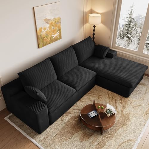 Cloud Sectional Couch,107 Inch Modular Sectional Sofa with Deep Seat, Modern Corduroy Boneless Couches with L-Shape Chaise for Living Room Bedroom, No Assembly Required (Black, Right Facing Chaise)