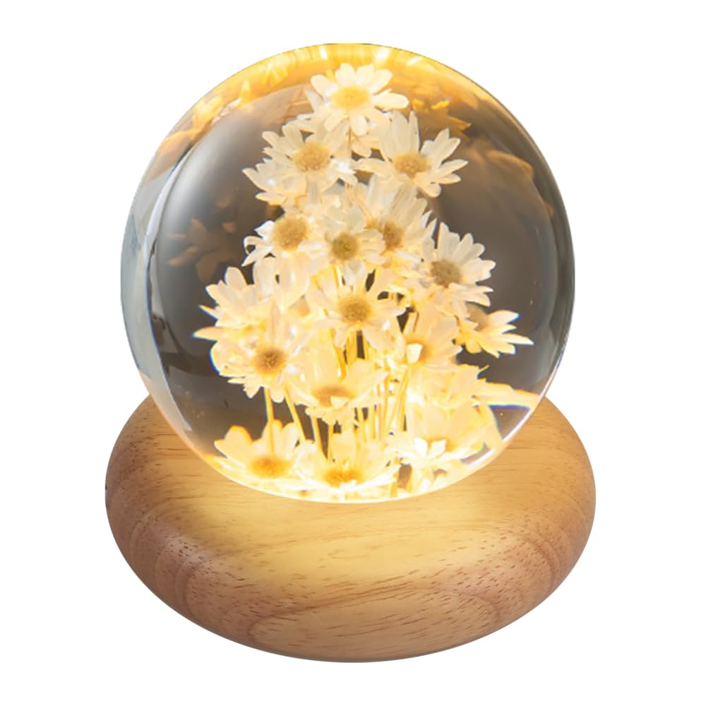 BDKMMS Crystal Ball Night Light, 2.76Inch Daisy Flower Glass Ball Lamp with Wooden Base for Bedroom Desk Decor Birthday