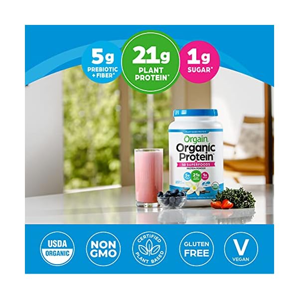 Orgain-Organic-Plant-Based-Protein-Superfoods-Powder-Vanilla-Bean-Vegan-Non-Dairy-Lactose-Free-No-Sugar-Added-Gluten-Free-Soy-Free-Non-GMO-202-lb Orgain Organic Protein + Superfoods Powder, Vanilla Bean - 21g of Protein, Vegan, Plant Based, 5g of Fiber, No Dairy, Gluten, Soy or Added Sugar, Non-GMO, 2.02lb