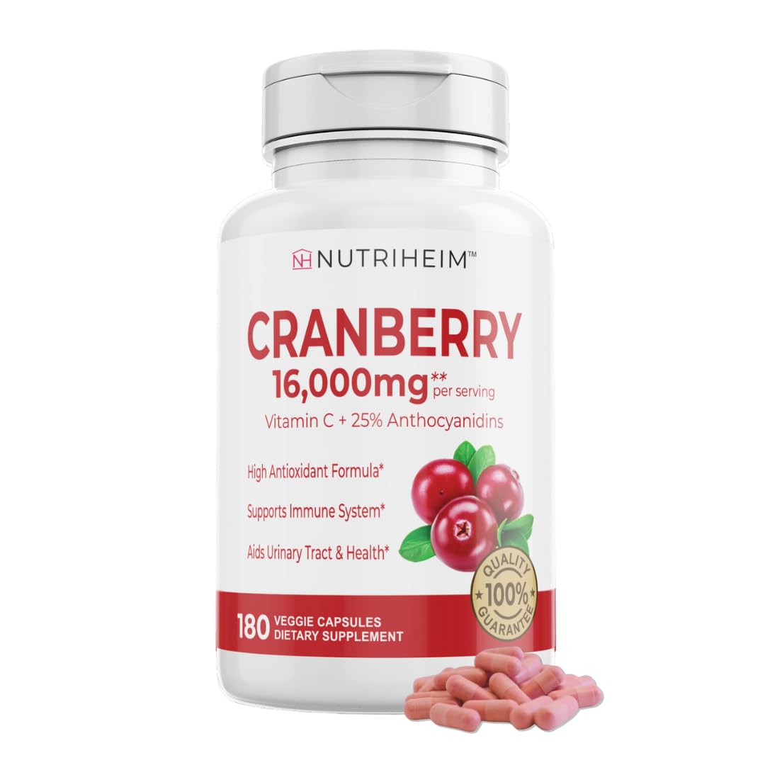 Cranberry Extract Pills Supplement 25% Proanthocyanidins with Vitamin C - Urinary Tract, Skin, Immune Support - 180 Veggie Capsules - Non-GMO, Gluten-Free, Vegan Friendly