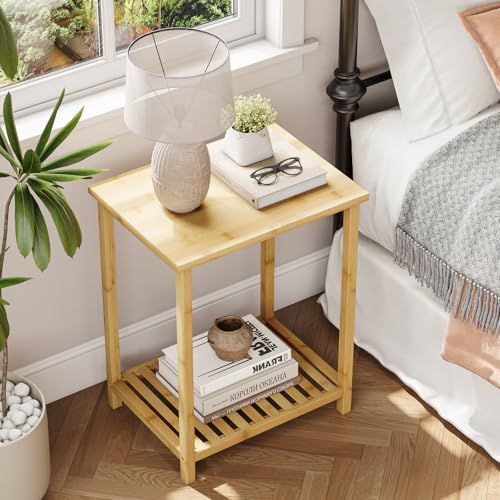 Dripex Beistelltisch, Nachttische mit 2 Ablagen, Sofatisch viereckig aus Bambus, einfacher Aufbau,...
