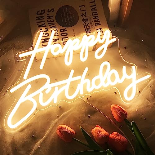 Happy Birthday Neon Sign Reusable Warm White LED Neon Night Light Birthday Party Decorations USB Operated Decorative for Backdrop Party Bedroom Wall Décor 5v,16.5