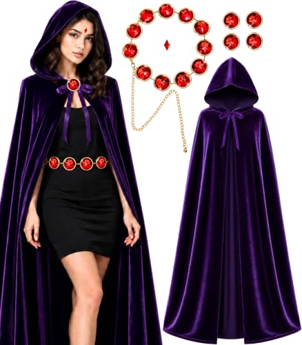 Image of Halloween Costume for Women Purple Hooded Cape with Gem Wasit Belt