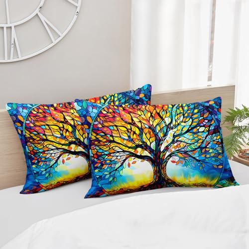 Image of AILONEN Colorful Tree of Life Comforter Set Queen Size,Oil Painting Tree Art Aesthetic Bedding Set,Soft Boho Comforter with 2 Pillowcases,3Pcs