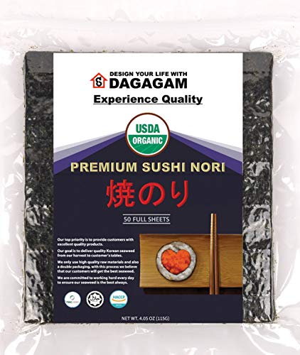 DAGAGAM Organic Sushi Nori (50 Full Sheets) : Dietary Fiber Seaweed Sheets [