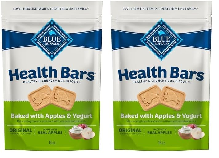 Blue Buffalo Health Bars Natural Crunchy Dog Treats Biscuits, Apple &amp; Yogurt 16-oz Bag (Pack of 2)