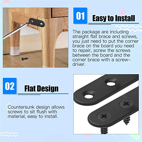 Glarks 20 Sets 80mm Flat Straight Corner Brace Black Metal Joint Plate Connector Repair Fixing Bracket with 85Pcs Screws for Wood Furniture (80x2mm) - Image 4