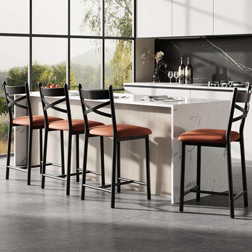 GarveeHome Bar Stools Set of 4, Counter Height Bar Chairs with Back and Thick Cushion, Upholstered Dining Chairs with Padded Seat, Barstools for Kitch