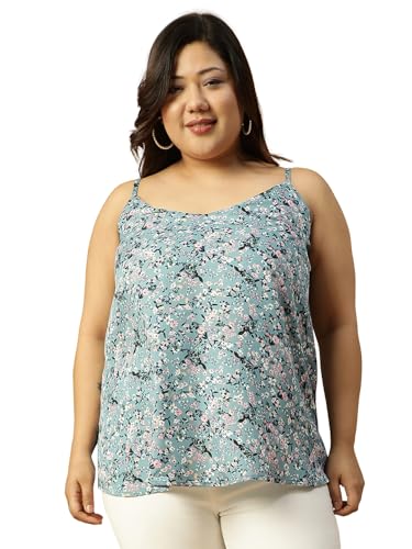 Image of Women Plus Size Navy Blue Floral Print Shoulder Strap A-line Top & Tunic 2XL /3XL /4XL /5XL /6XL /7XL /8XL