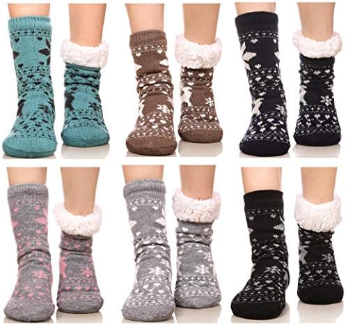 FRALOSHA Women's Slipper Socks Set 6 Pairs Fuzzy Floor Warm Socks Winter Soft House Anti-Skid Lined Christmas Socks with Box