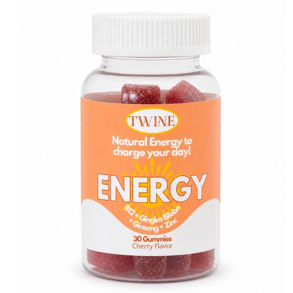 TWINE Energy Gummies with Vitamin B12, Ginseng & Ginkgo Biloba – Includes Biotin, Niacin, Taurine, Zinc, Pantothenic Acid, Vitamin C, D & B6 – 30 Count