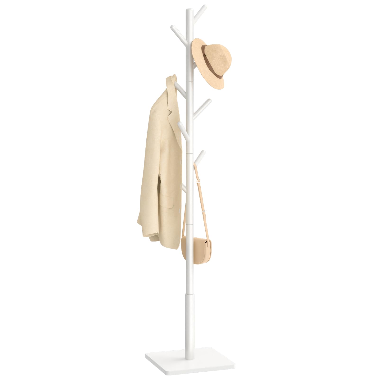 Yawinhe Appendiabiti Autoportante, Attaccapanni da Terra, Base in Piastra Quadrata con pad Antiscivolo, con 8 Ganci e 3 Altezze Regolabili, 30x180cm, per Corridoio, Entrata, Bianco,1-Pack