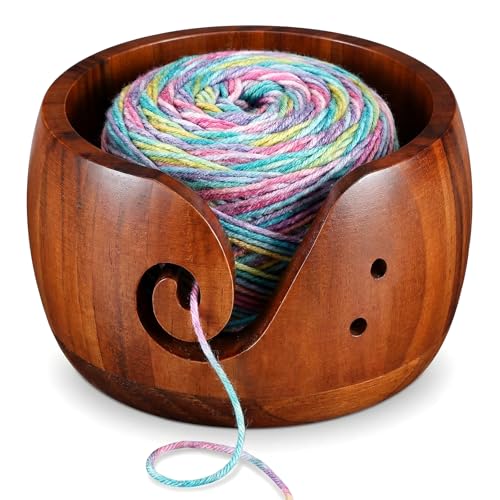 Image of Wooden Yarn Bowl for Crocheting, Knitting Yarn Bowl with Holes Storage, Crochet Bowls for Yarn, Crochet Yarn Bowl for Crocheting and Knitting Lovers Gift(6 inch x 6 inch x 3 inch)