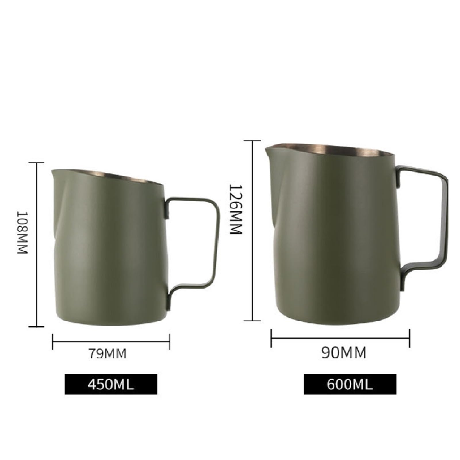 Jarra de espuma leche acero inoxidable, 2 uds., 450/600ML, jarra, taza café, boca inclinada, flores, herramienta Arte Latte Para Espumar(Green,600ml)