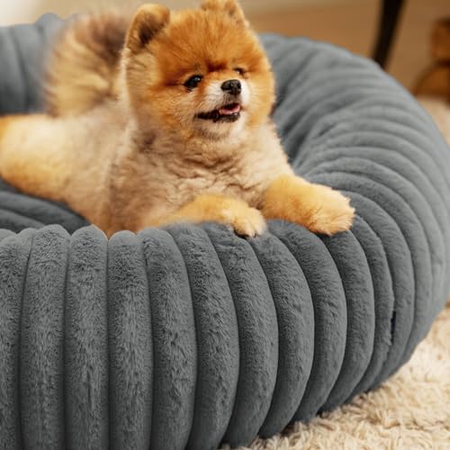 BEDSURE orthopädisches Katzenbett für große Katzen - Flauschiges Donut 58.5x58.5x18cm Hundebett für kleine Hunde mit waschbarem & abnehmbarem Cord-Fleece-Bezug, rutschfeste Unterseite, dunkelgrau