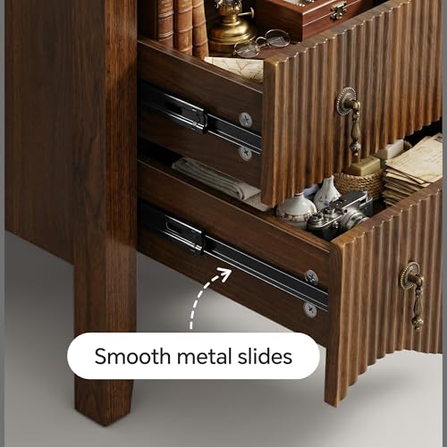 Image of FUSUNBAO Set of 2 Nightstands with Charging Station&2 Fluted Drawers,Walnut | Vintage Bedside Table, 2 Fluted Drawers and Open Shelf, Rustic End Table, Power Outlet and USB Ports, For Bedroom