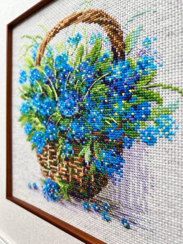 Image of RIOLIS - Forget Me Nots in a Basket 2170, Cross Stitch Kits 8 inch x 8 inch, Cross Stitch Kits for Adults, Floral Counted Cross Stitch Kits, Embroidery Kit for Beginners & Advanced, Crossstitching Kits