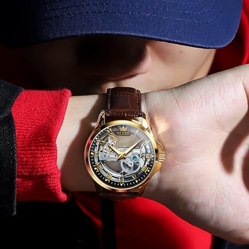 Image of OLEVS Mechanical Dress Mens Watches Square Brown Leather Strap Moon Phase Skeleton Tourbillion Day Date Waterproof Luminous Men's Wrist Watches