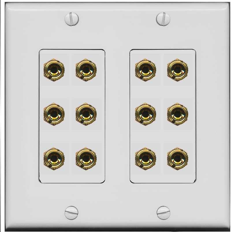 RiteAV 12 Banana 6 Speaker Surround Female Coupler Decorative Wall Plate - 2 Gang [Black/Black]