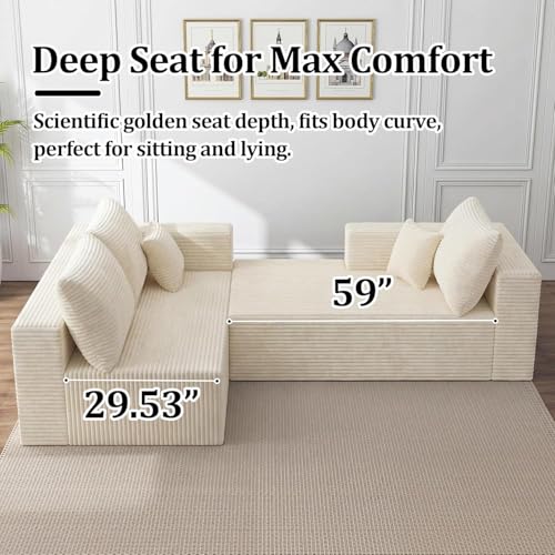 Image of 138 inch Modular Sectional Sofa, Modern U-Shaped Cloud Couch, Soft Corduroy Boneless Couch with 3060 High Rebound Memory Foam, Sectional Couches for Living Room - Beige (Right Facing Chaise)