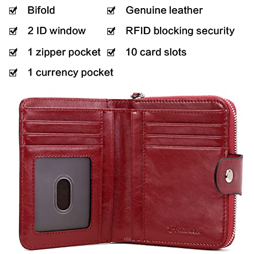 Image of BOSTANTEN Leather Wallets for Women RFID Blocking Zipper Pocket Small Bifold Wallet Card Case Wine Red